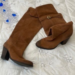 Vince Camuto Brown Leather Knee Hi Boots! Destructed look, ALL LEATHER! 🤎